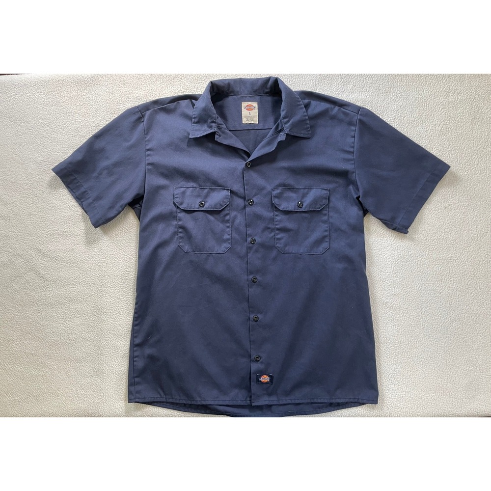 Dickies Mens Large Work Shirt Navy Blue Short Sleeve Button Down Twill Pocket